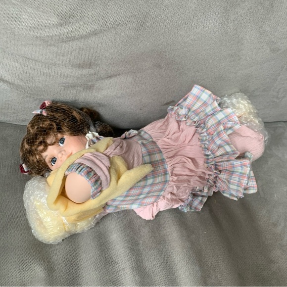"My Baby Bright Eyes" 14” Porcelain Doll Laying Down Country Pink & Plaid #26372 - Picture 4 of 5